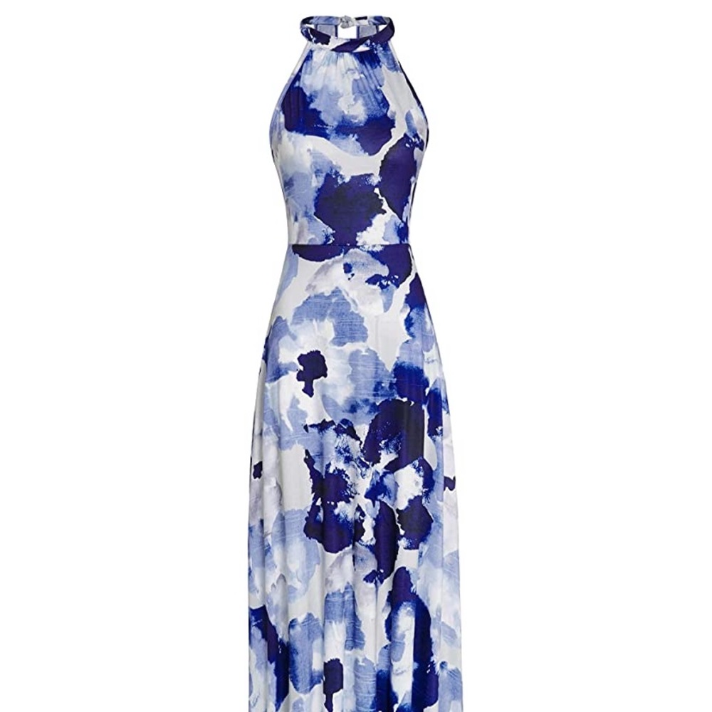 Blue Watercolor Floral Halter Neck Tie Maxi Dress